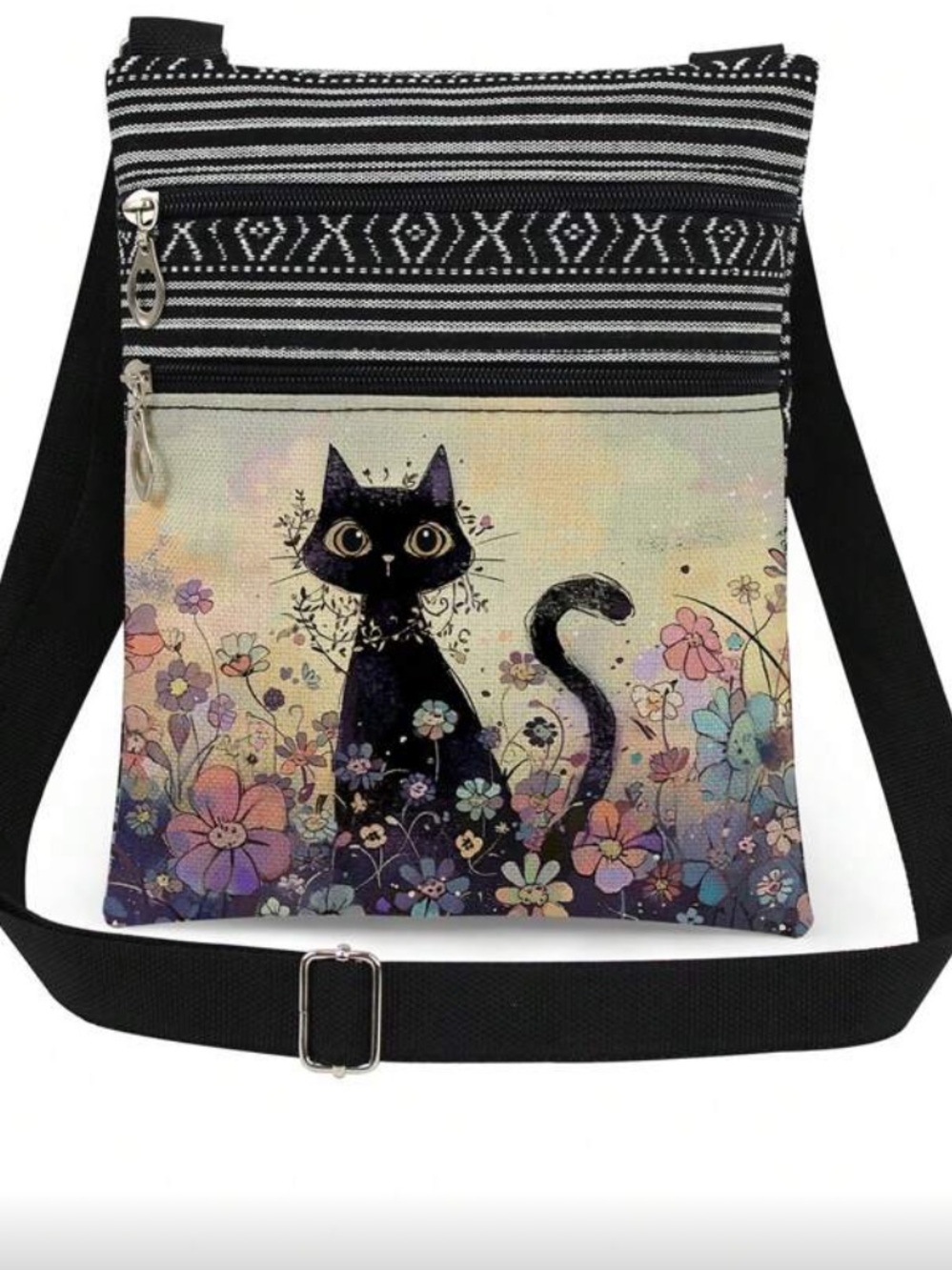 Black Cat Floral Crossbody Bag - Purple Accent